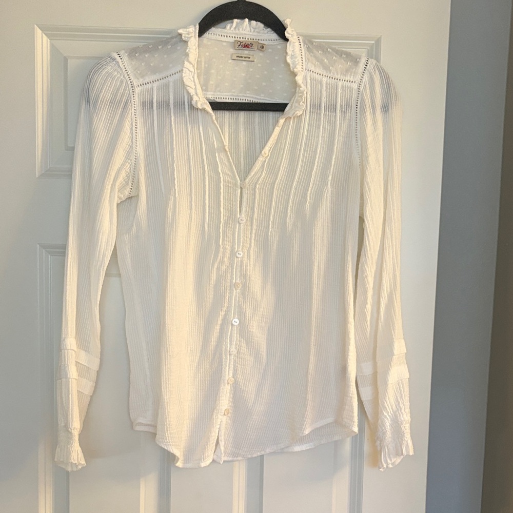 Farerty Cream Pintuck Ruffle Collar Button-Down Blouse